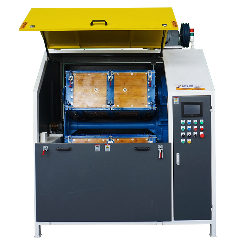 Jintaijin drum finishing machine with a raised yellow lid and front control panel.