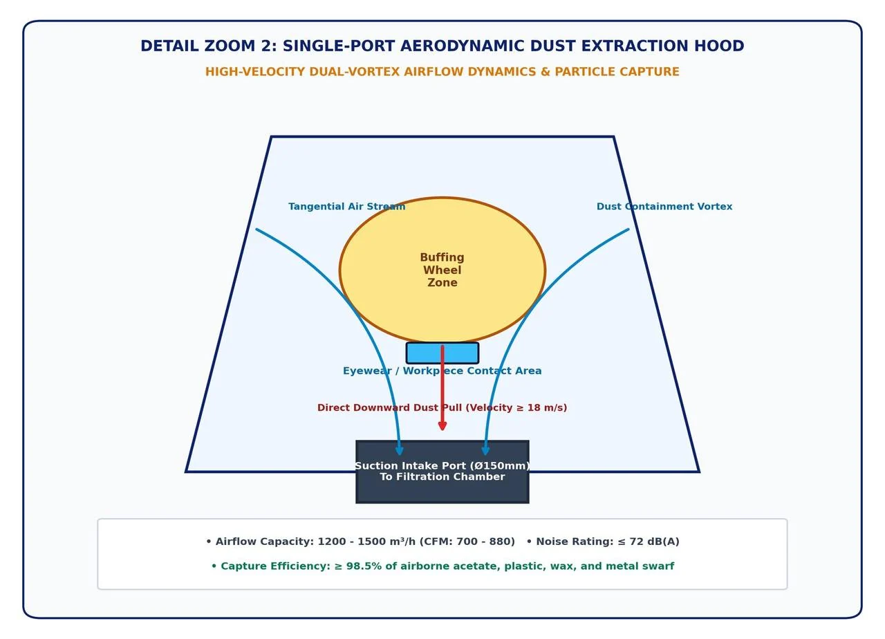 Figure 3 - Single-port aerodynamic extraction hood, dual-vortex airflow and particle capture dynamics diagram