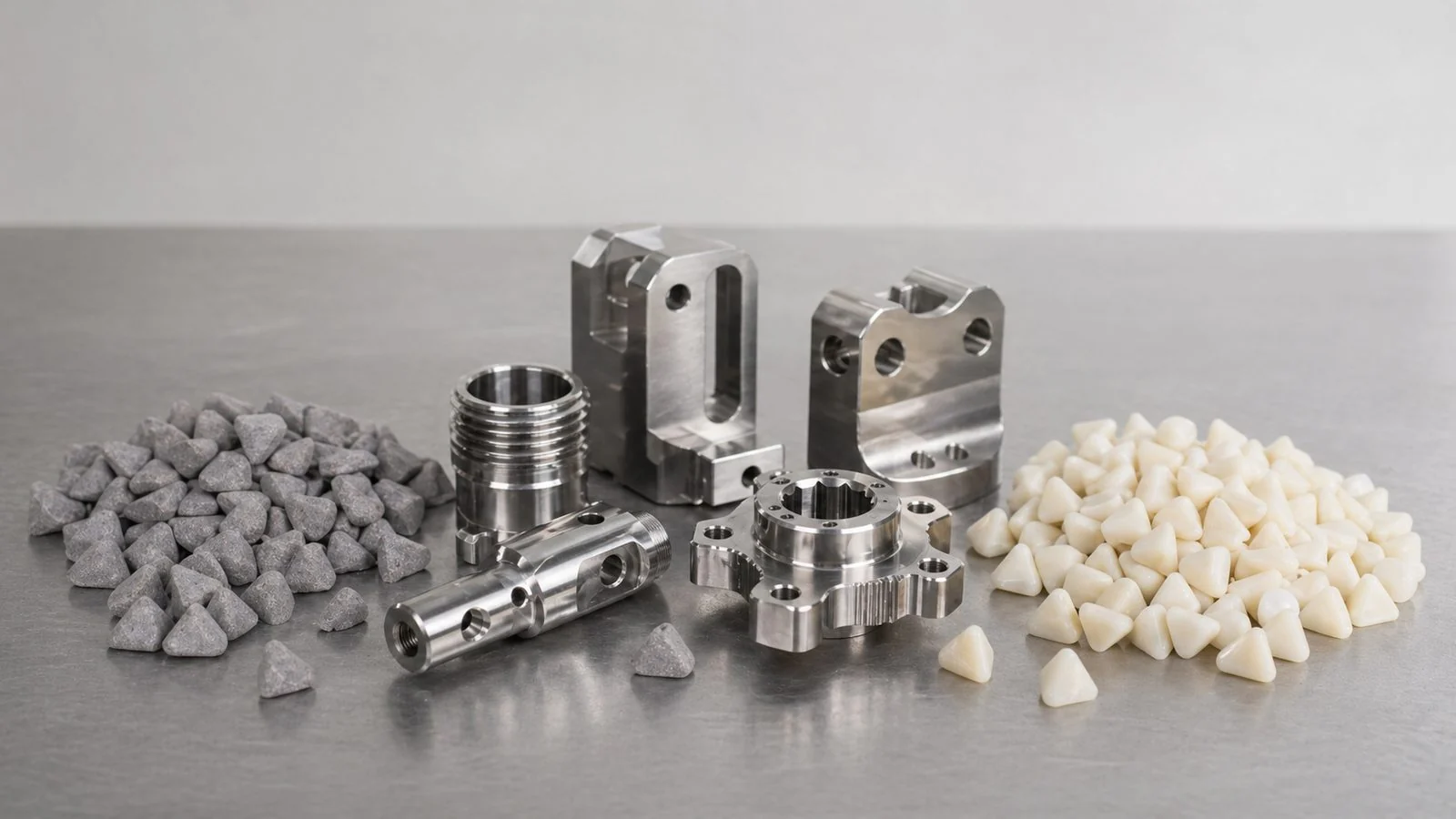 Ceramic media and plastic media with machined metal parts for mass finishing selection
