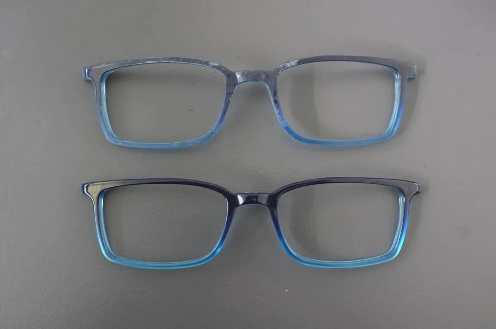 Acetate eyeglass frames before and after a controlled polishing process