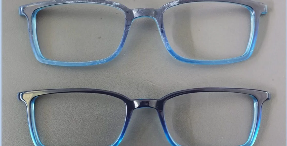 Before and after comparison of blue acetate frame finishing