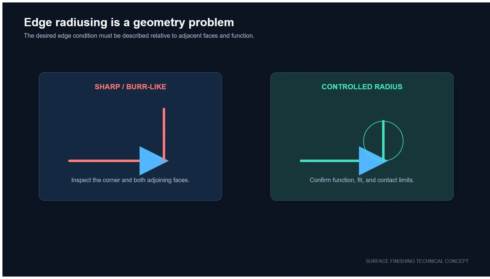 Technical infographic illustrating an edge-radiusing measurement concept