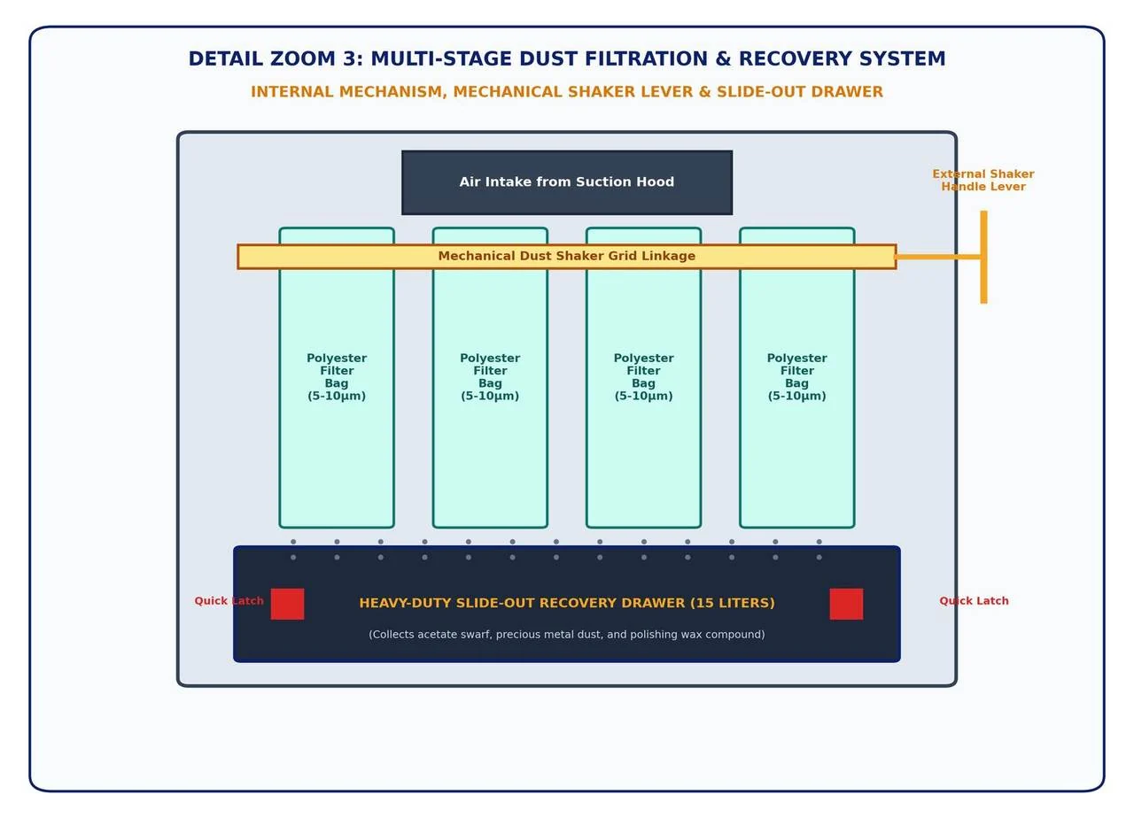 Figure 4 - Multi-pocket fabric filter matrix, mechanical shaker agitation grid and slide-out recovery drawer diagram