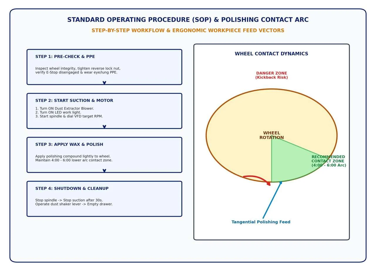Figure 6 - Standard operating procedure 4-stage operational workflow and safe 4:00 to 6:00 wheel contact arc diagram