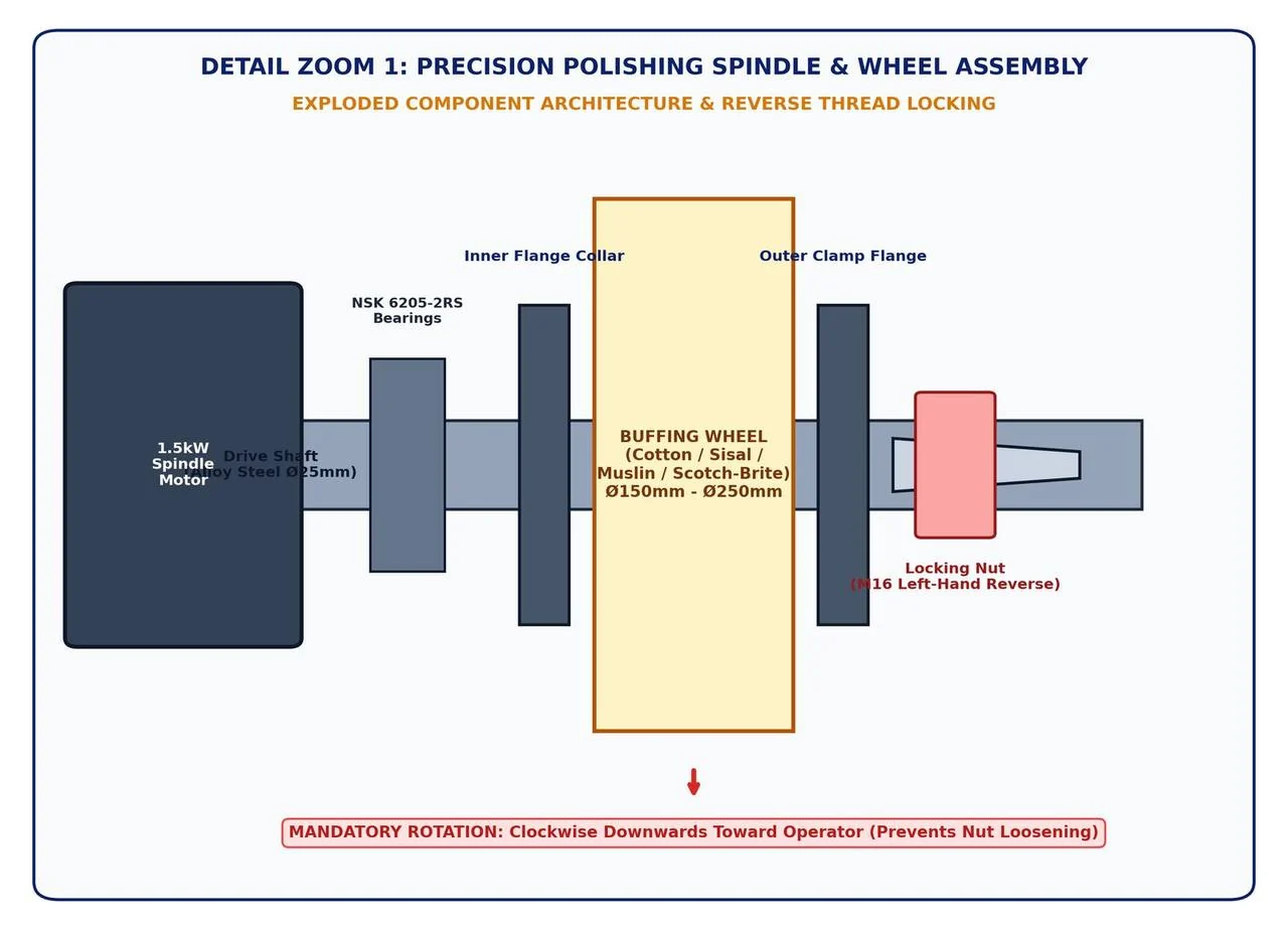 Figure 2 - Precision polishing spindle, bearing housing, flange clamping and reverse-thread locking nut exploded view