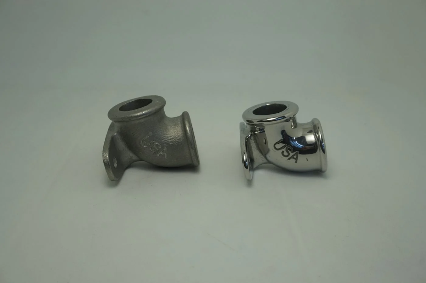 Real stainless steel fitting with dull rough surface compared with bright polished finish