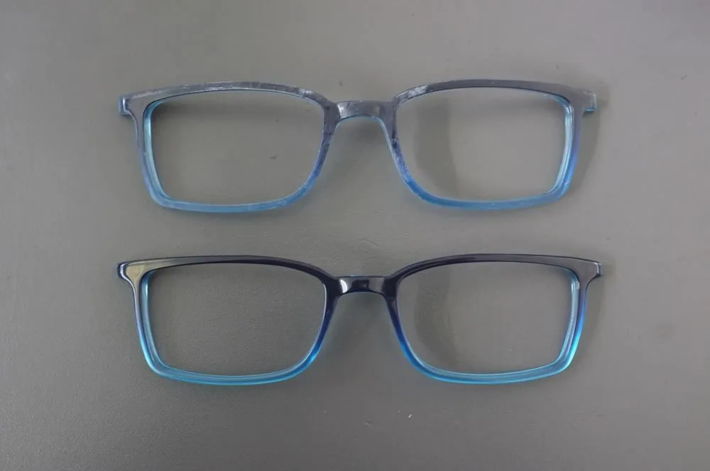Acetate eyeglass frames before and after a controlled polishing process