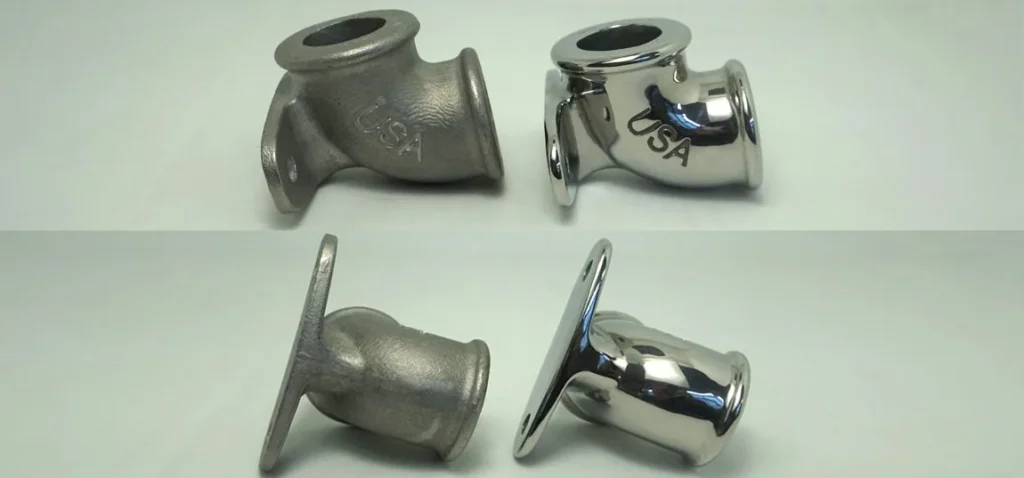 Real stainless steel pipe fitting before and after tumbling and polishing comparison
