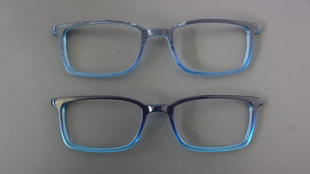 Real plastic eyeglass frames before and after polishing showing surface brightness improvement
