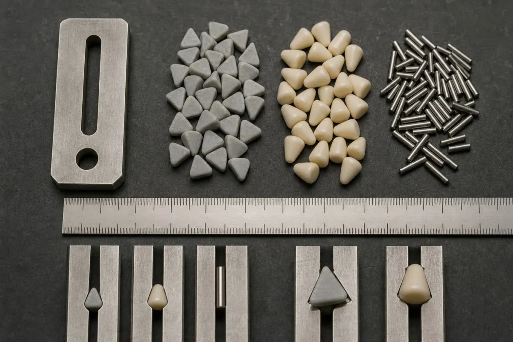 AI-generated conceptual fit check for triangular, conical and pin media beside a slotted part.