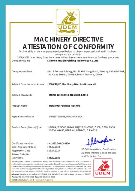 UDEM attestation of conformity M.2023.206.C88120 for horizontal polishing machines, assessed 2023-07-24, registered 2023-07-25, valid to 2028-07-24