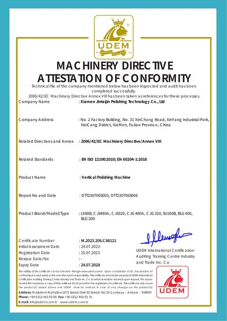 UDEM attestation of conformity M.2023.206.C88121 for vertical polishing machines, assessed 2023-07-24, registered 2023-07-25, valid to 2028-07-24