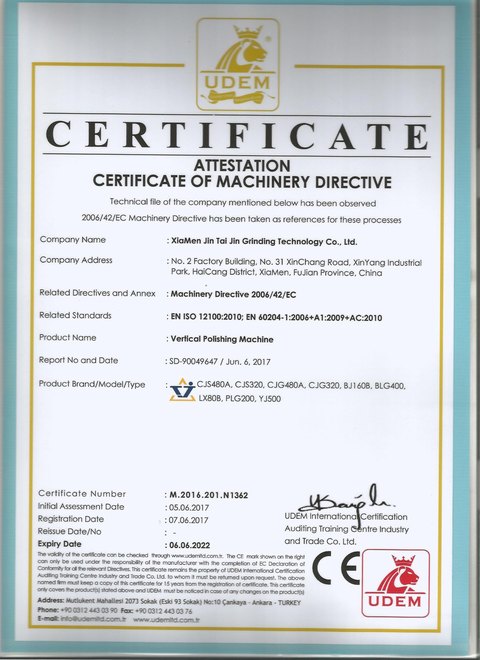 UDEM attestation certificate M.2016.201.N1362 for Vertical polishing machine to Machinery Directive 2006/42/EC, registered 2017-06-07, expiry 2022-06-06