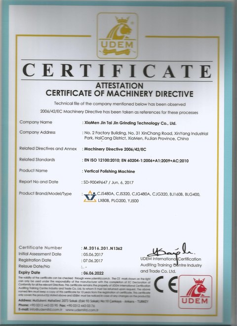 UDEM attestation certificate M.2016.201.N1362 for Vertical polishing machine to Machinery Directive 2006/42/EC, registered 2017-06-07, expiry 2022-06-06