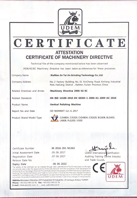 UDEM attestation of conformity M.2016.201.N1362 for vertical polishing machines, the 2017 issue, assessed 2017-06-05 and expired 2022-06-06