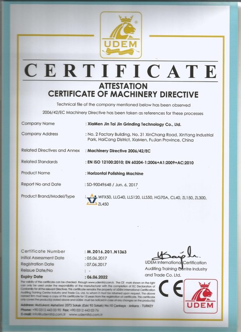 UDEM attestation certificate M.2016.201.N1363 for Horizontal polishing machine to Machinery Directive 2006/42/EC, registered 2017-06-07, expiry 2022-06-06