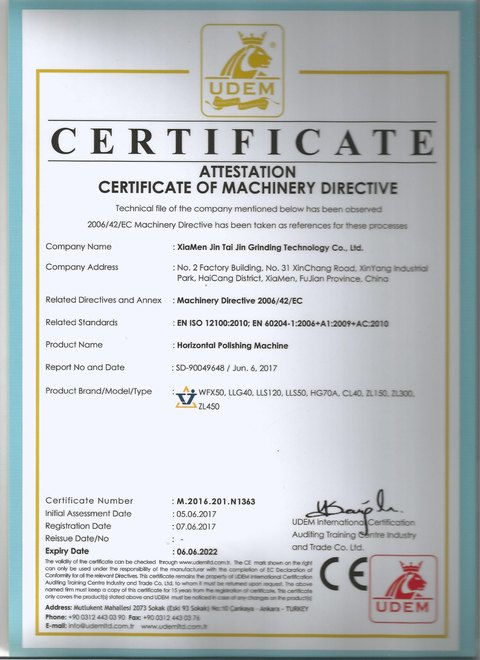 UDEM attestation of conformity M.2016.201.N1363 for horizontal polishing machines, the 2017 issue, assessed 2017-06-05 and expired 2022-06-06