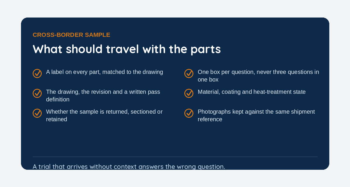What should travel with the parts