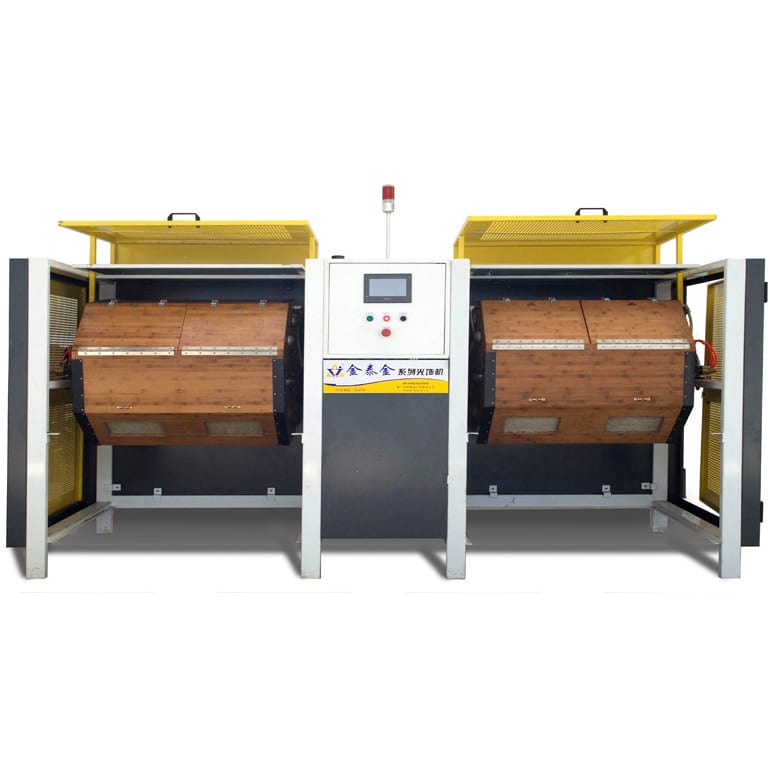 A dry barrel finishing machine with lined drums, the equipment a walnut charge runs in