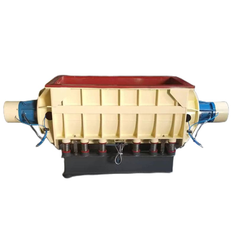 Heavy industrial linear trough deburring machine model L1300 with twin end-mounted vibration drives and coil spring suspension
