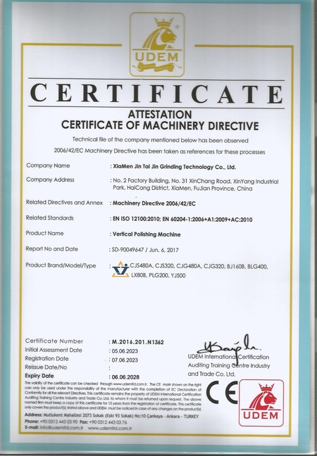 The UDEM certificate of attestation for conformity with Machinery Directive 2006/42/EC, EN ISO 12100 and EN 60204-1
